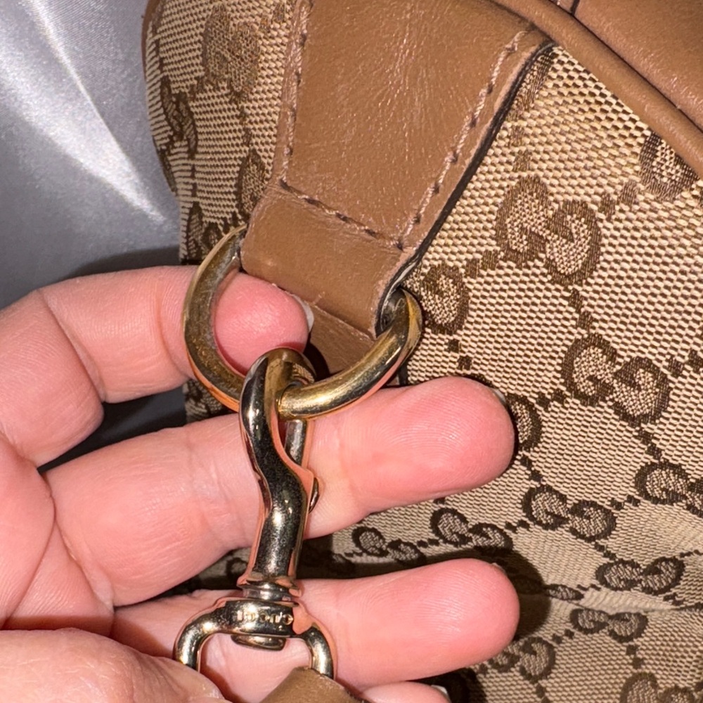 Gucci Beige GG Canvas Top-Handle Bag with Pink & Brown Stripe - Picture 5 of 17